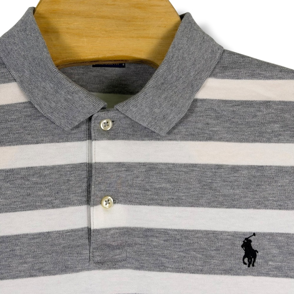 Polo Ralph Lauren Polo Shirt Mens L Grey Striped Classic Fit‎ Golf Pony Preppy